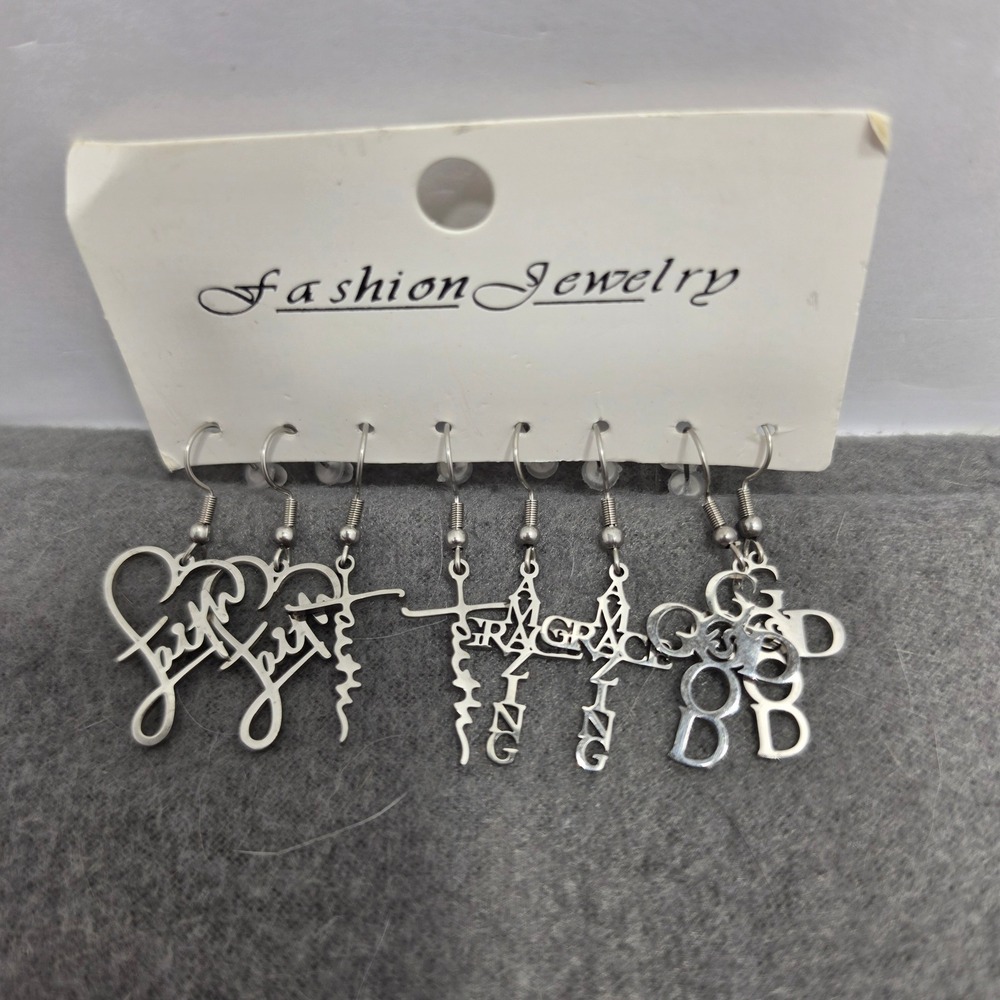 Religious Silver Tone Dangle Earring Set Faith Cross Amazing Grace God 4 Pairs